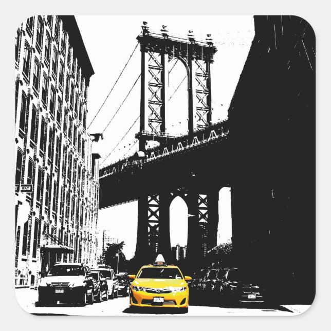 Nyc Brooklyn Bridge New York City Yellow Taxi Hint Quadratischer Aufkleber (Vorderseite)