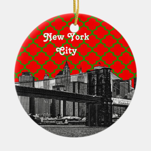 NYC Brooklyn Bridge Red Grn Quatrefoil Xmas Keramik Ornament (Vorne)