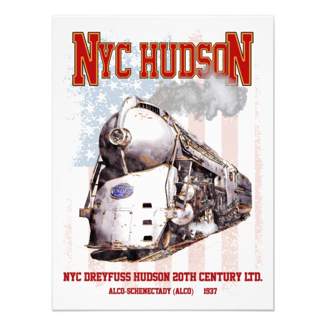 NYC Dreyfuss Hudson Locomotive. American flag Fotodruck (Vorne)