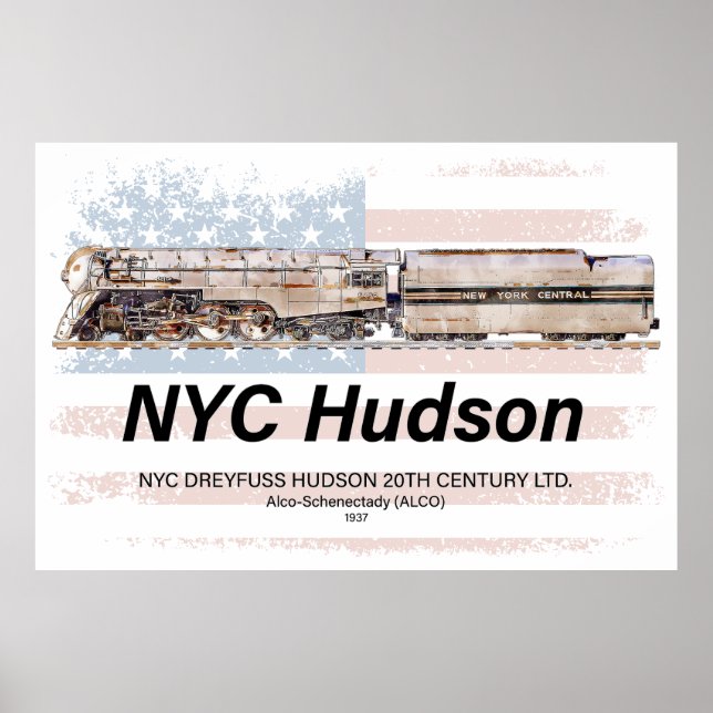 NYC Dreyfuss Hudson Locomotive. American flag Poster (Vorne)