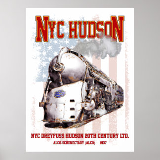 NYC Dreyfuss Hudson Locomotive. American flag Poster
