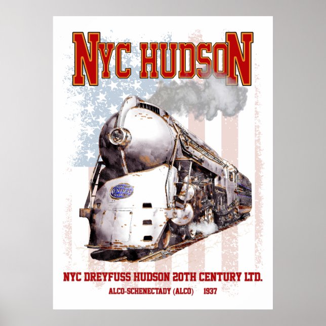 NYC Dreyfuss Hudson Locomotive. American flag Poster (Vorne)