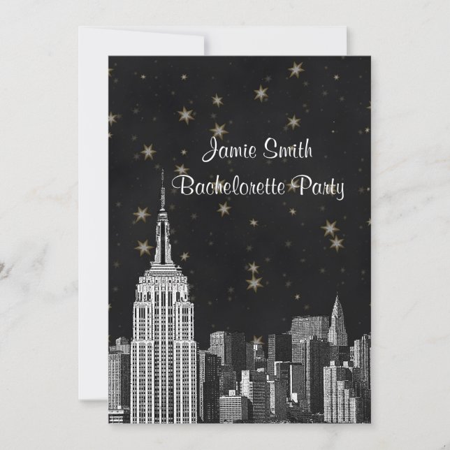NYC ESB Skyline Etched Black Starry Bachelorette V Einladung (Vorderseite)