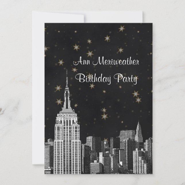 NYC ESB Skyline Etched Black Starry Birthday V Einladung (Vorderseite)