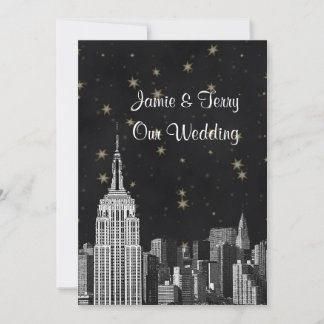 NYC ESB Skyline Etched Black Starry Wedding Einladung