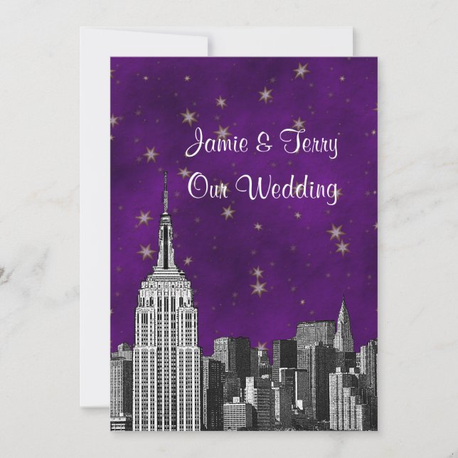 NYC ESB Skyline Etched Lila Starry Wedding Einladung (Vorderseite)