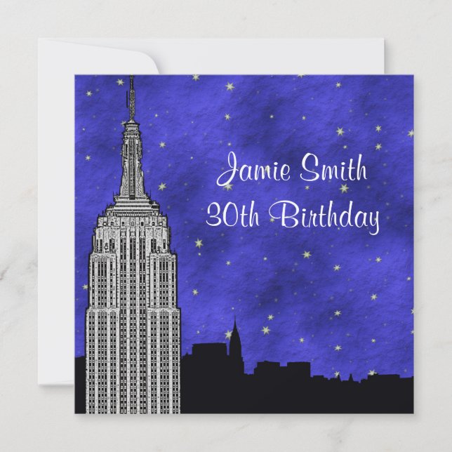 NYC ESB Skyline Silhouette Blue Starry BG Geburtst Einladung (Vorderseite)