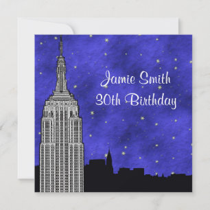 NYC ESB Skyline Silhouette Blue Starry BG Geburtst Einladung