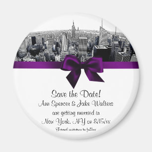 NYC Etched Fisheye Skyline BW Purp Save the Date R Magnet
