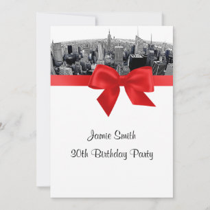 NYC Etched Fisheye Skyline BW Red Birthday Einladung