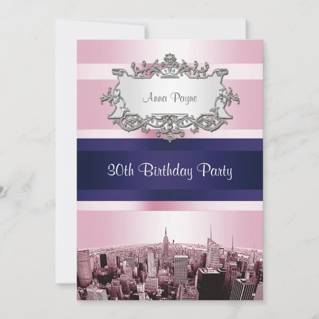 NYC Etched Skyline 2 Pink BG, Blue Ribbon Geburtst Einladung (Vorderseite)