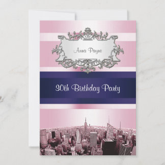 NYC Etched Skyline 2 Pink BG, Blue Ribbon Geburtst Einladung