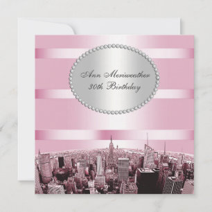 NYC Etched Skyline 2A Pink Black Birthday Einladung