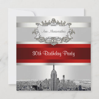 NYC Etched Skyline, White BG, Red Ribbon Geburtsta Einladung