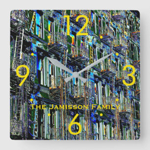 NYC Feuer-Entweichen-Pop-Kunst-moderne Quadratische Wanduhr