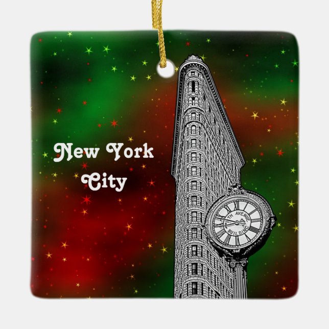 NYC Flatiron Gebäude Red Grn Starry Xmas Keramikornament (Vorderseite)