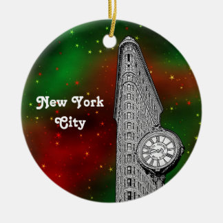 NYC Flatiron Gebäude Red Grn Starry Xmas Keramikornament