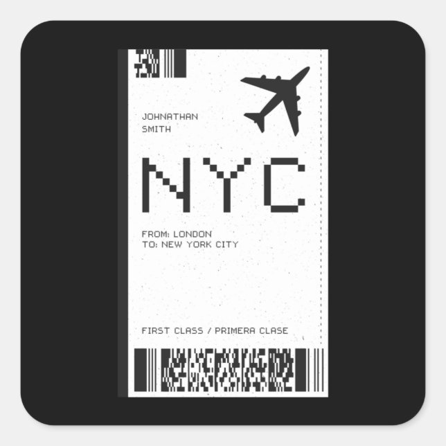 NYC Flugzeug Ticket Quadratischer Aufkleber (Vorderseite)