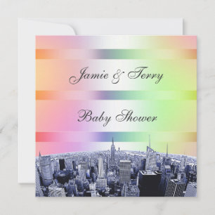 NYC geätzte Skyline Pastell-Regenbogen 1 Baby Show Einladung