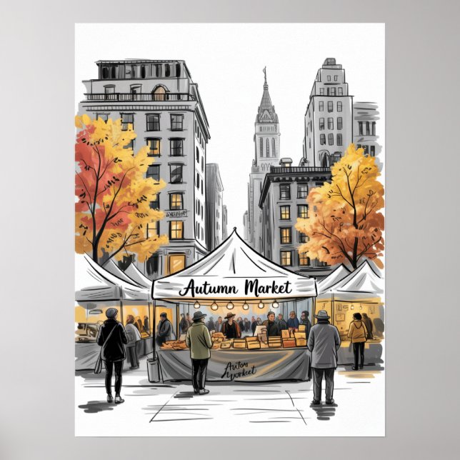 NYC Herbstmarktstraßenszene mit Herbstbäumen Poster (Vorne)