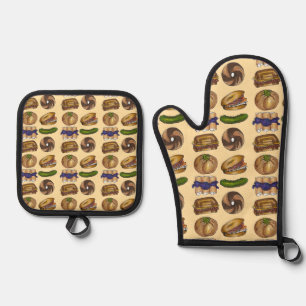 NYC Jüdisches Deli Food Pickle Blintz Bagel Knish  Ofenhandschuh & Topflappen-Set