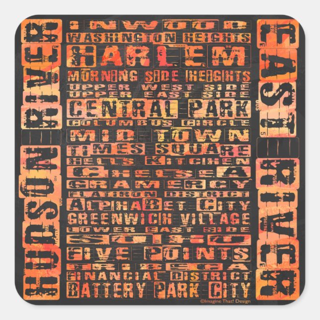 NYC Neighhoods Orange Quadratischer Aufkleber (Vorderseite)