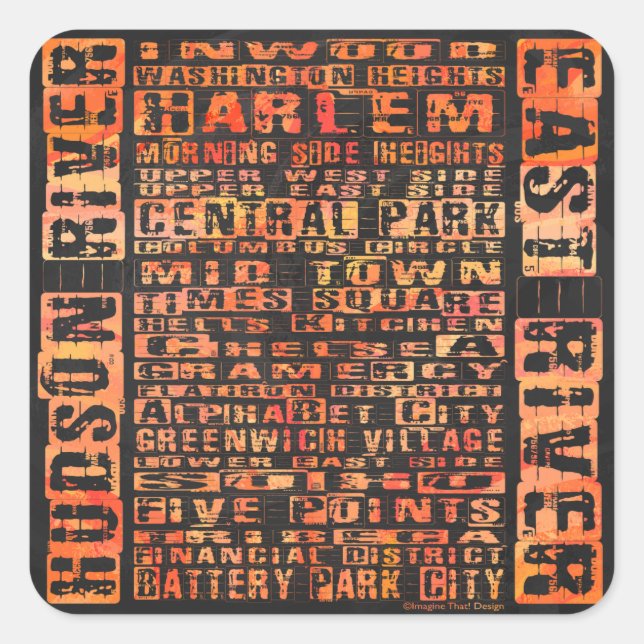 NYC Neighhoods Orange Quadratischer Aufkleber (Vorderseite)