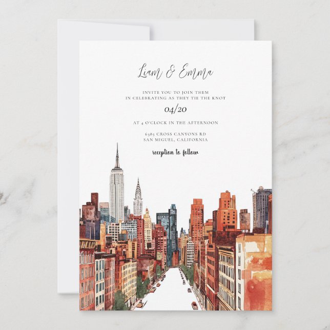 NYC New York City Watercolor Vinatge Wedding Einladung (Vorderseite)