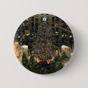 NYC Rockefeller Center Xmas Tree Falling Snow Button