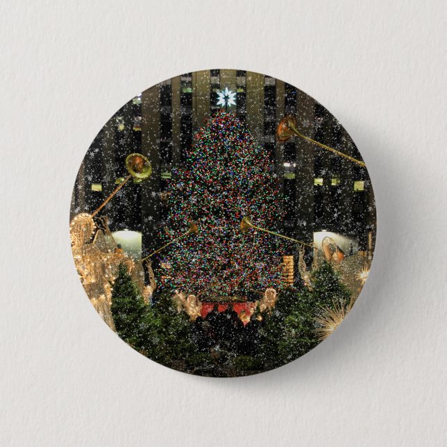 NYC Rockefeller Center Xmas Tree Falling Snow Button (Vorderseite)