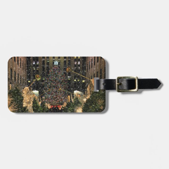 NYC Rockefeller Center Xmas Tree Falling Snow Gepäckanhänger (Vorderseite horizontal)