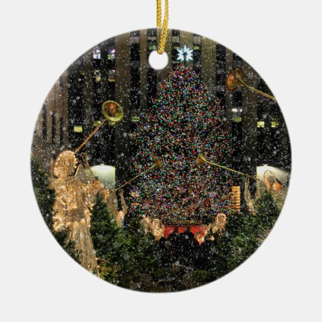 NYC Rockefeller Center Xmas Tree Falling Snow Keramikornament (Vorne)