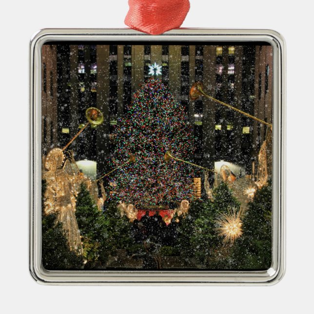 NYC Rockefeller Center Xmas Tree Falling Snow Silbernes Ornament (Vorne)