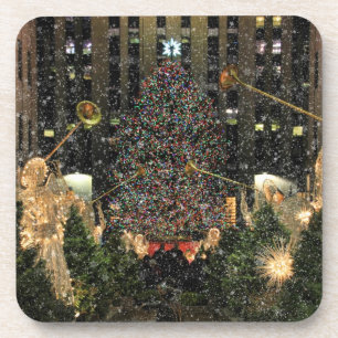 NYC Rockefeller Center Xmas Tree Falling Snow Untersetzer