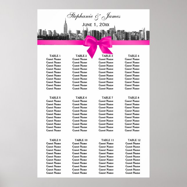NYC-Seekarte mit breiter Skyline BW Hot Pink Bow Poster (Vorne)