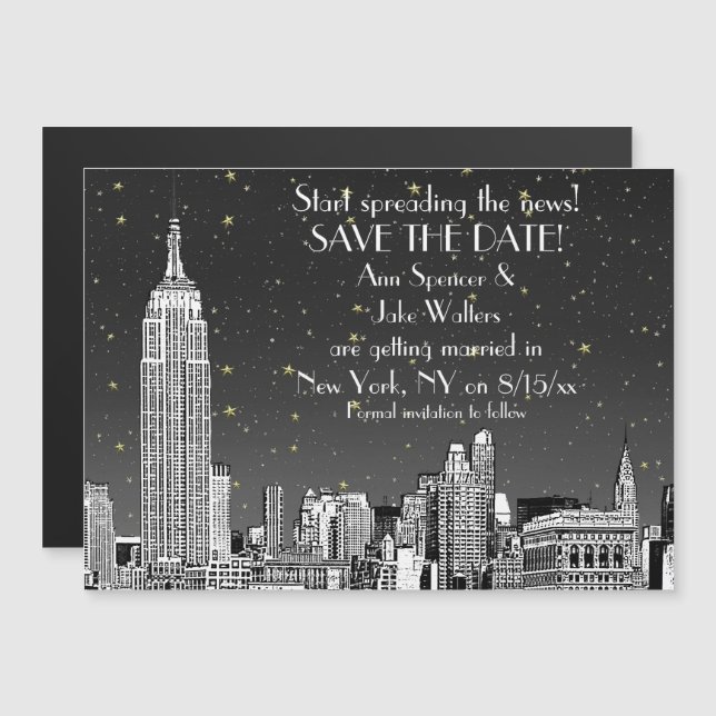 NYC Skyline 01 Etched Black Starry Save the Date Magneteinladung (Vorne/Hinten)