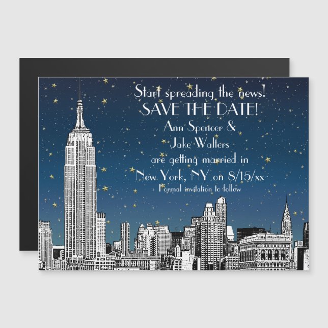 NYC Skyline 01 Etched Blue Starry Save the Date Magneteinladung (Vorne/Hinten)
