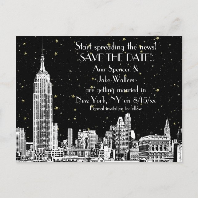 NYC Skyline 01 Etched DIY BG Starry Save the Date Ankündigungspostkarte (Vorderseite)