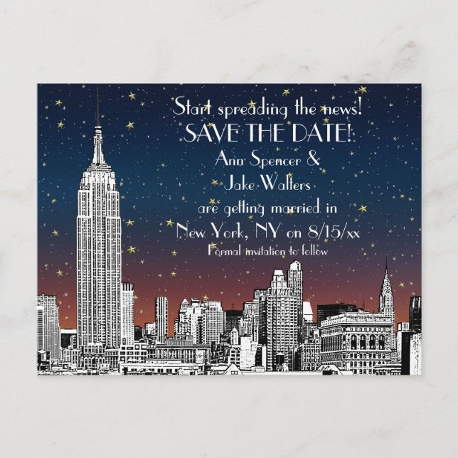 NYC Skyline 01 Etched Sunset Starry Save the Date Ankündigungspostkarte (Vorderseite)