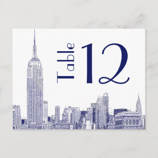 NYC Skyline 01 Etched Tischnummer Card Blue