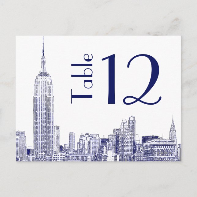 NYC Skyline 01 Etched Tischnummer Card Blue (Vorderseite)