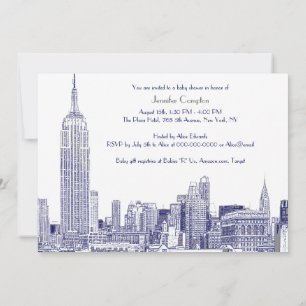 NYC Skyline 01 Etched Wht Baby Shower Blue Einladung