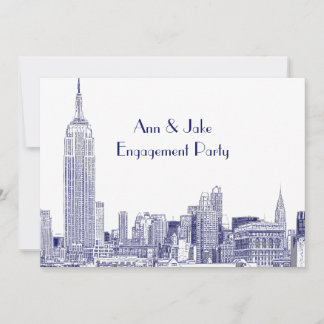 NYC Skyline 01 Etched Wht Engagement Party Blue Einladung