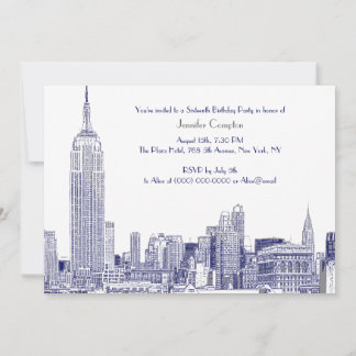 NYC Skyline 01 Etched Wht Sweet 16 Party Blue Einladung