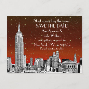 NYC Skyline 01 Save the Date Rote Sterne Ankündigungspostkarte