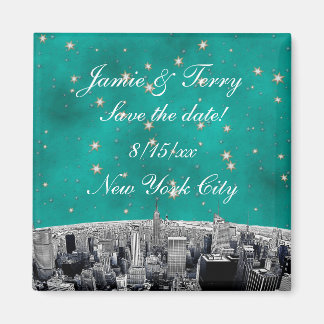 NYC Skyline 2 Aquamarin Gold Star Rett Date Magnet
