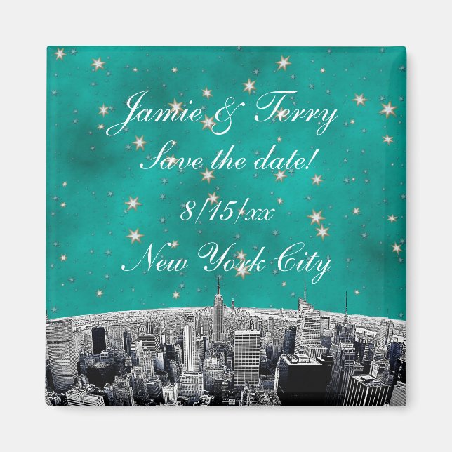 NYC Skyline 2 Aquamarin Gold Star Rett Date Magnet (Vorne)