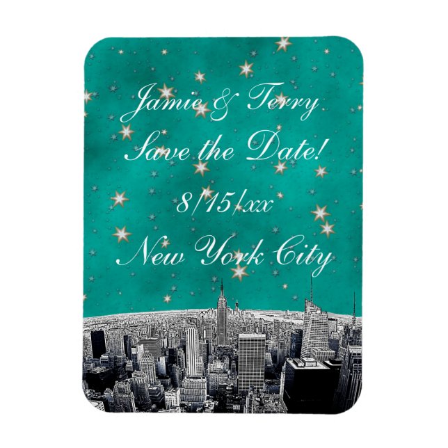 NYC Skyline 2 Aquamariner Gold Star Save the Date Magnet (Vertikal)