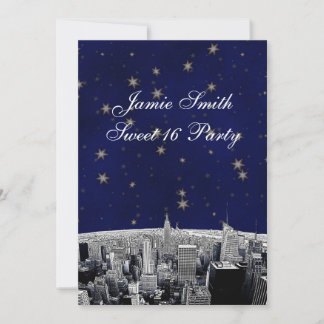NYC Skyline 2 Blue Gold Star Sweet 16 V Einladung