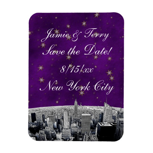 NYC Skyline 2 Lila Gold Star Rett Date Magnet (Vertikal)
